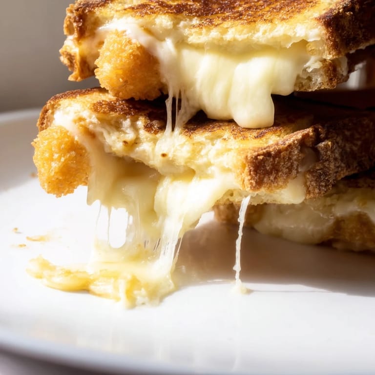 This decadent Mozzarella Stick Grilled Cheese is sliced to reveal layers of molten cheese inside.