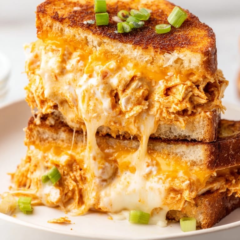 Sliced in half, this Buffalo Chicken Ranch Grilled Cheese showcases juicy buffalo chicken and melted cheese, perfect for a quick weeknight dinner.