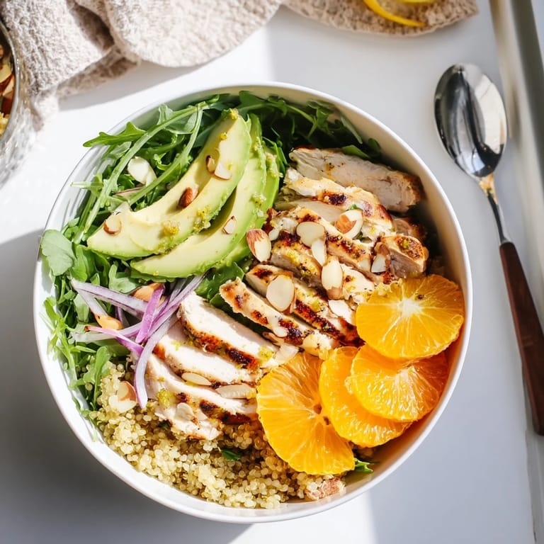 Bright orange segments and toasted almonds add juicy sweetness and crunchy texture to this colorful, gluten-free Citrus Herb Chicken Salad Bowl, drizzled with citrus vinaigrette.