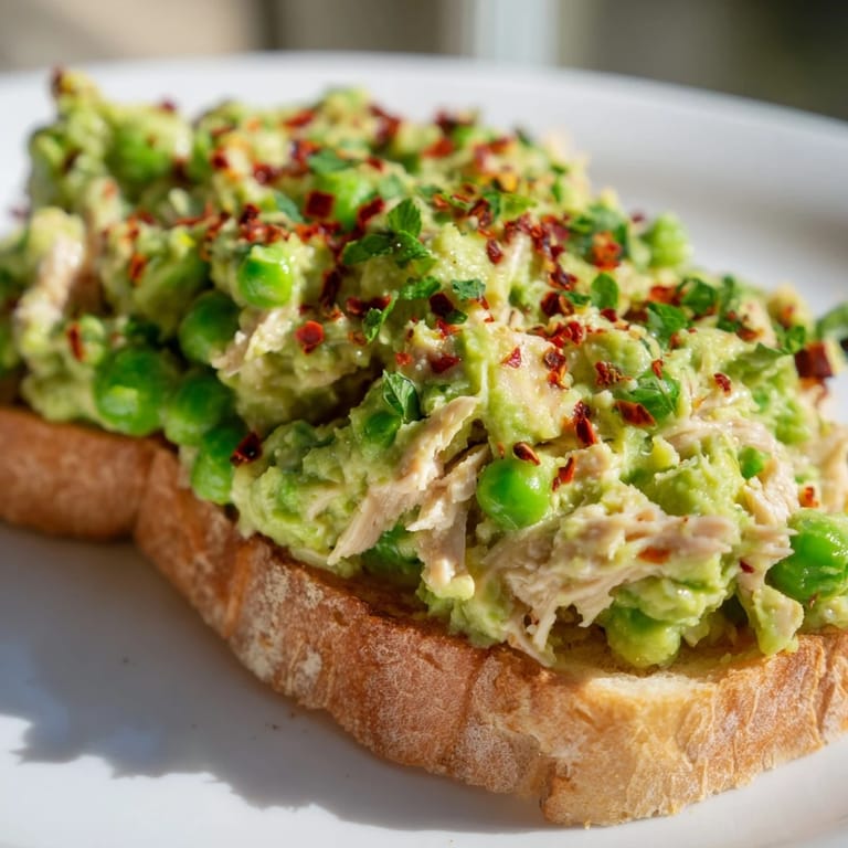 A close-up view of Smashed Pea & Chicken Toast, showcasing fresh mint garnish and a bright lemon wedge beside the hearty, colorful stack.