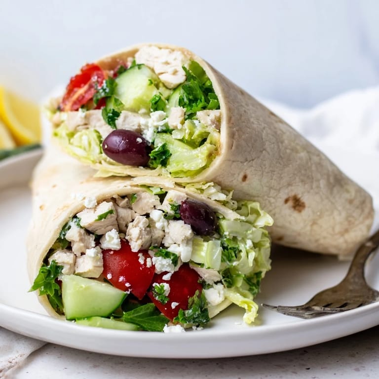 Greek Lemon Chicken Salad Wrap sliced in half on a rustic table, showcasing colorful Greek salad and tender chicken.