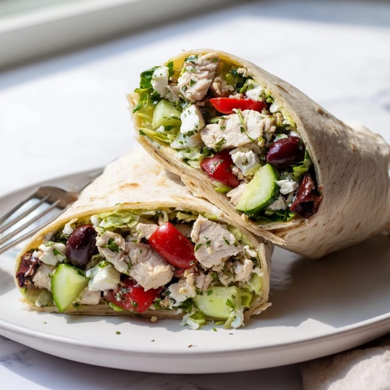 Warm Greek Lemon Chicken Salad Wrap on a plate, garnished with parsley and served with lemon wedges for brightness.