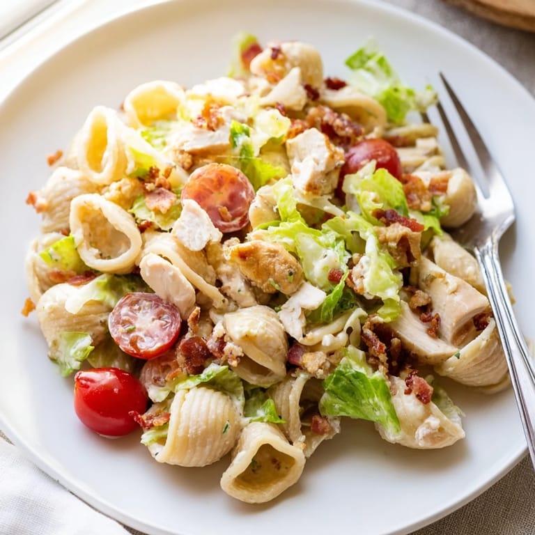 A hearty BLT Chicken Pasta Salad showcases smoky bacon, cherry tomatoes, and romaine tossed with creamy dressing on a picnic table.  