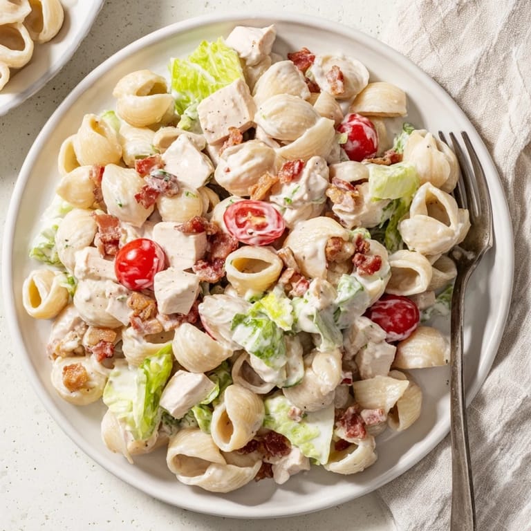 Colorful BLT Chicken Pasta Salad with crumbled bacon, diced chicken, halved tomatoes, and crisp lettuce leaves, ready for lunch or potlucks.