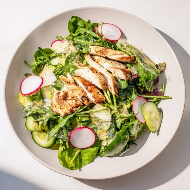 Fresh Spring Detox Chicken Salad topped with avocado, crisp veggies, and a light, refreshing lemon dressing.