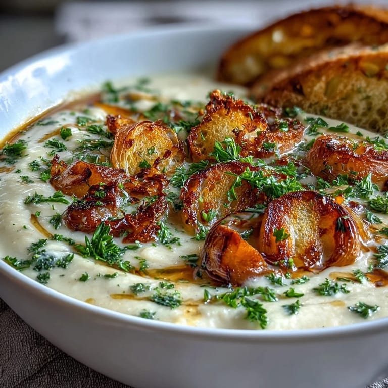 Roasted Garlic Soup is blended until velvety smooth, featuring caramelized garlic cloves, russet potatoes, and thyme in a creamy, comforting broth.