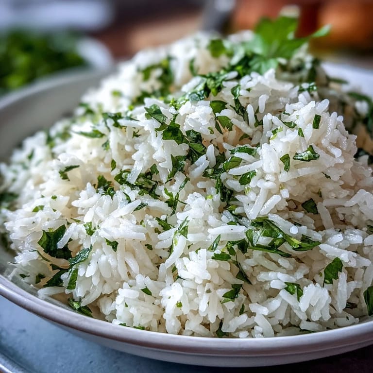 Bright green herbs flecked throughout tender Cilantro Lime Rice, steaming gently in a white serving bowl.