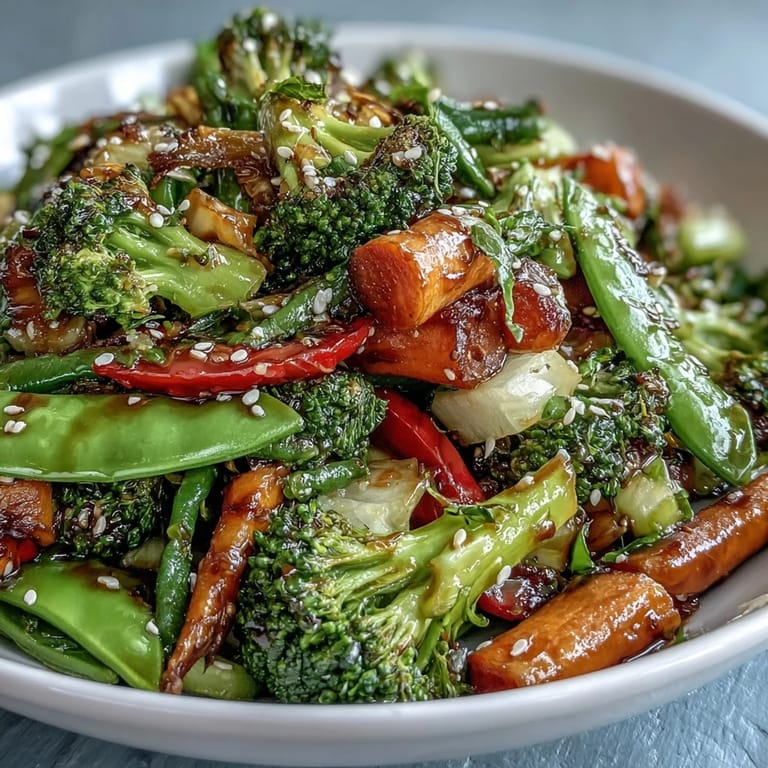 Ginger stir-fried vegetables served over a bed of fluffy jasmine rice, garnished with toasted sesame seeds and fresh green onions on a wooden table.