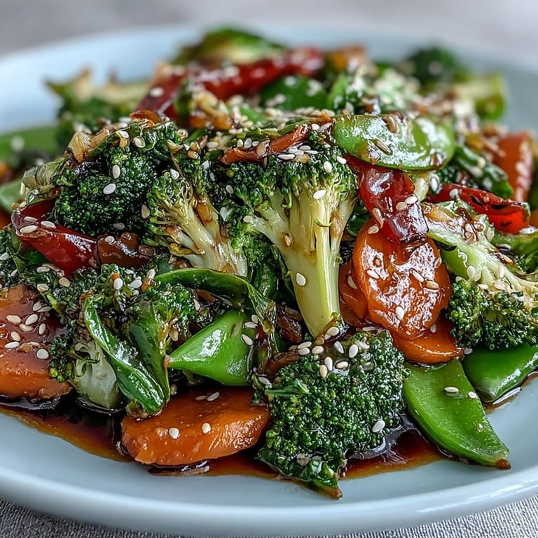 A colorful plate of vegan ginger stir-fried vegetables featuring snap peas, red bell peppers, and mushrooms, perfect for a quick and healthy weeknight meal.