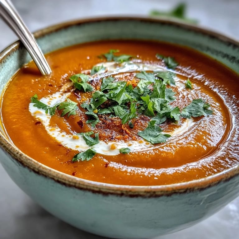 Vibrant, warming Carrot Ginger Soup ready to be served with crusty bread.