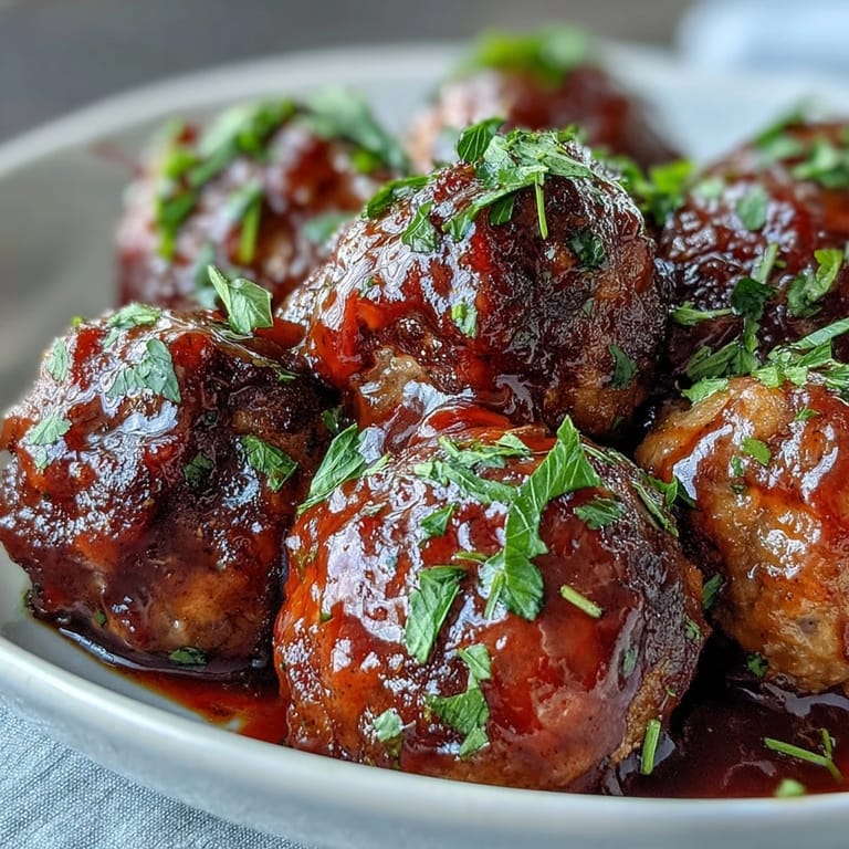 Golden Slow Cooker Peach Glazed Meatballs studded with herbs and onion, garnished with fresh parsley on a rustic wooden serving board.