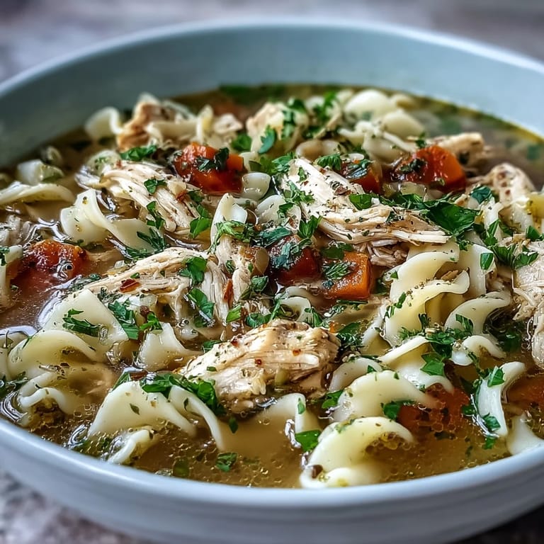 A hearty bowl of Instant Pot Chicken Noodle Soup with egg noodles and fresh herbs, perfect for a comforting family dinner.