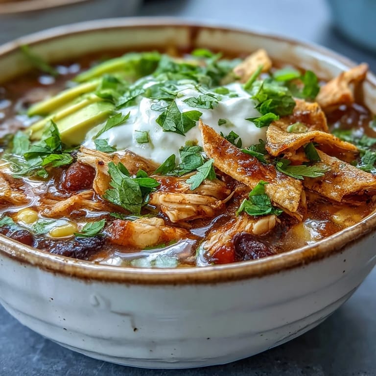 Freshly shredded chicken and black beans in a rich Instant Pot Chicken Tortilla Soup garnish.