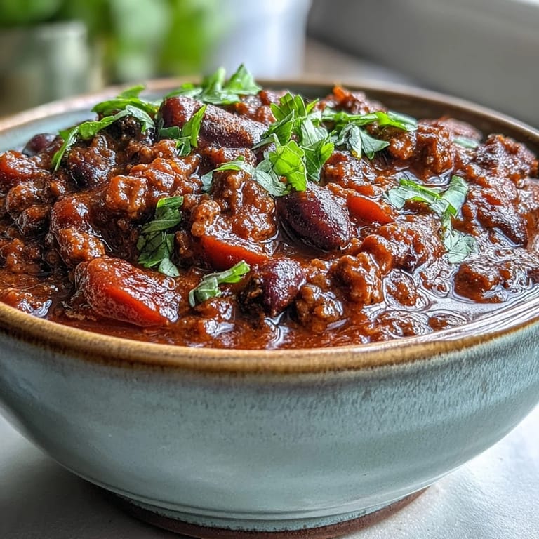 Slow Cooker Chili in a white bowl with melted cheddar, sour cream, and green onions, a spoon ready to serve.