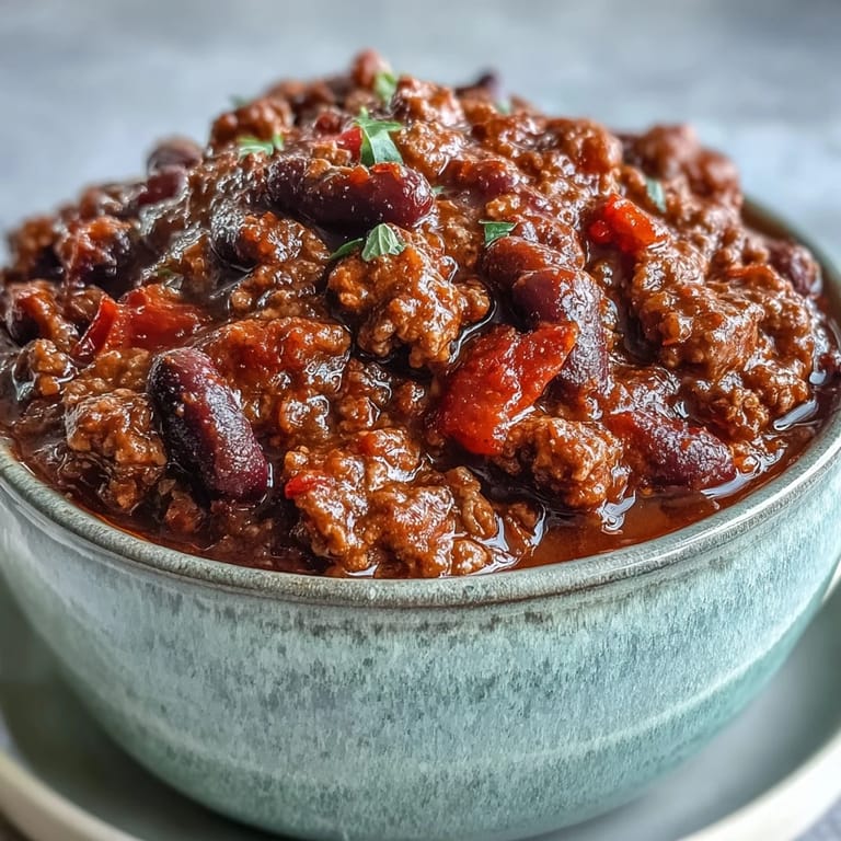 Thick and hearty Slow Cooker Chili with ground beef, kidney beans, and peppers in a crockpot on a wooden table.