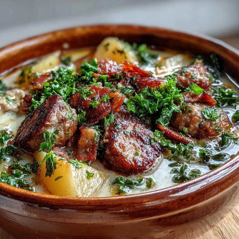 Comforting Italian Sausage Soup served steaming hot, garnished with fresh kale and a splash of cream for a rich finish.
