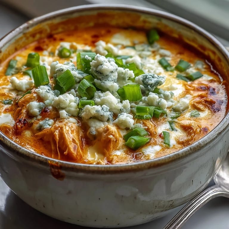 A spoon dips into rich Crock Pot Buffalo Chicken Dip Soup, revealing tender shredded chicken in cheesy broth.