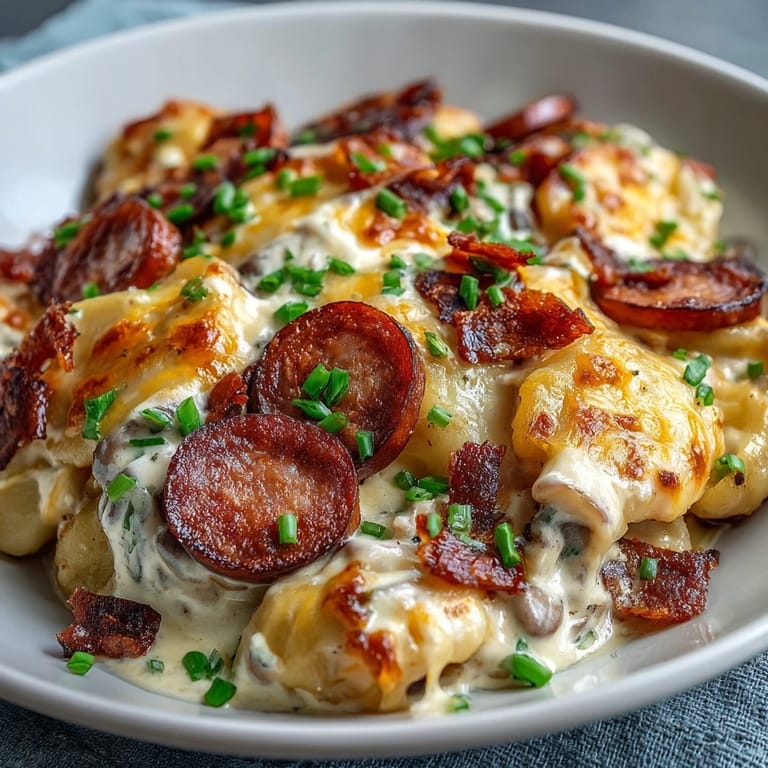 Served in a white ceramic dish, this Crockpot Pierogi Casserole With Kielbasa is garnished with fresh green chives.