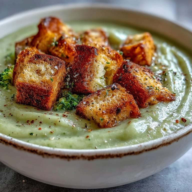 Creamy Cauliflower and Broccoli Soup garnished with fresh thyme, with crunchy croutons scattered on a wooden table.