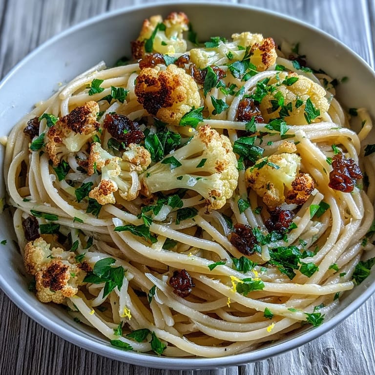 Serving suggestion for Cauliflower, Anchovy and Raisin Spaghetti topped with fresh parsley and lemon zest, plated on a rustic table.