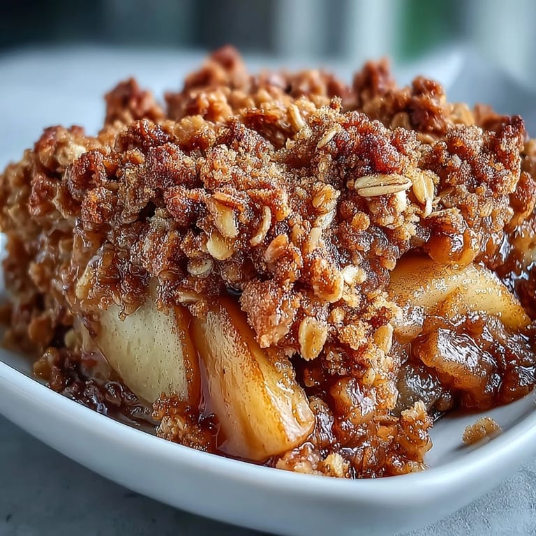 A warm slice of homemade Pear Crumble served with melting vanilla ice cream for a comforting dessert.