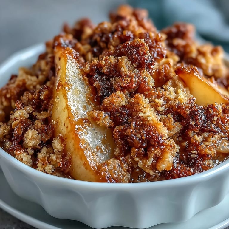 Ripe, tender pears baked in a bubbling dish, topped with thick, buttery crumble and ready to serve.