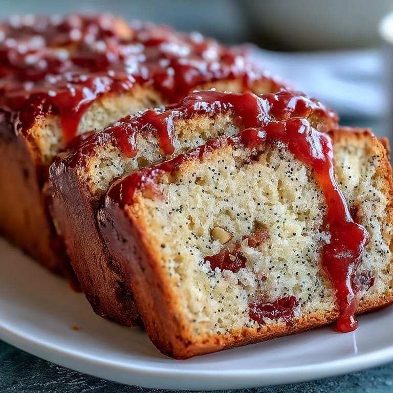 Thick slices of Blood Orange Loaf Cake with Poppy Seeds and Marzipan served with tea on a linen napkin.