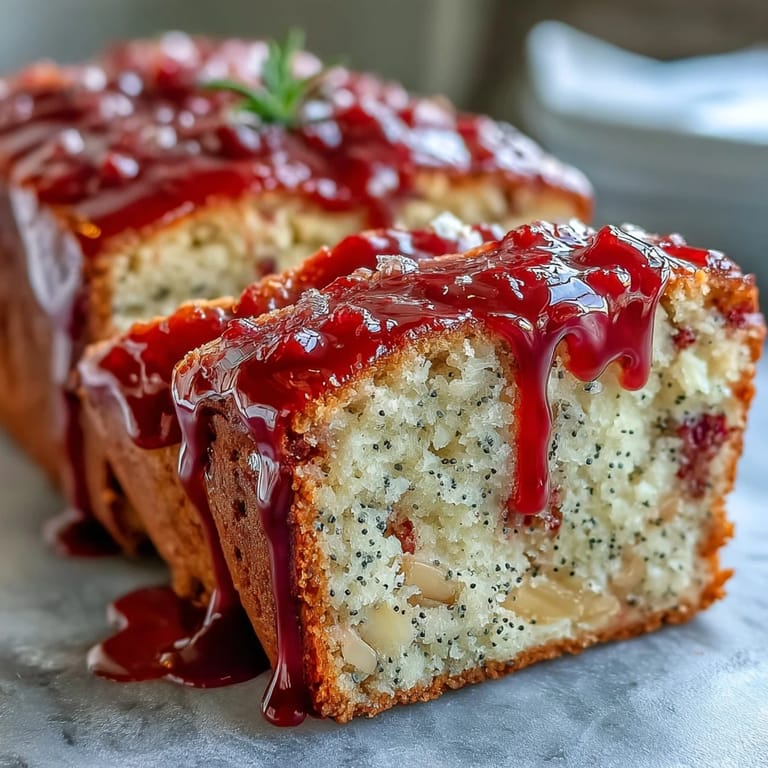 Sliced Blood Orange Loaf Cake with Poppy Seeds and Marzipan revealing a moist, ruby-red crumb and marzipan streaks.