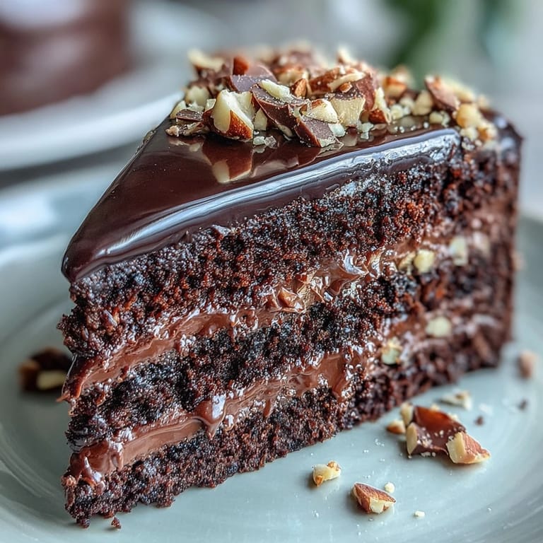Dark Chocolate Celebration Cake is layered with rich ganache and praline, ready to serve with espresso at a festive gathering.