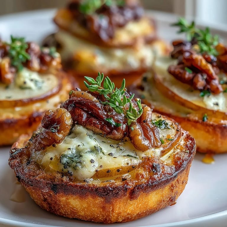 Close-up shot of golden, crisp-edged Pear, Gorgonzola, and Pickled Walnut Pizzettes topped with fresh thyme leaves and arugula.