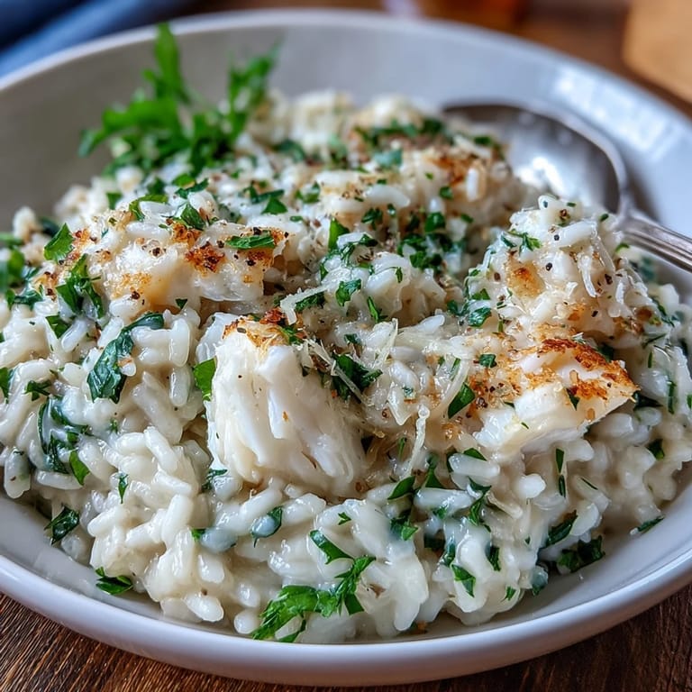 A hearty Smoked Haddock Risotto with tender fish flakes, Arborio rice, and melted Parmesan cheese on a cozy table.