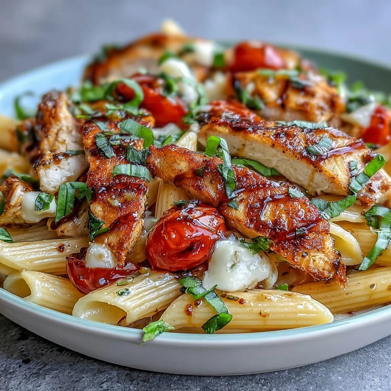Golden-seared chicken and al dente penne are tossed with tomatoes and herbs in this vibrant Bruschetta Chicken Pasta.