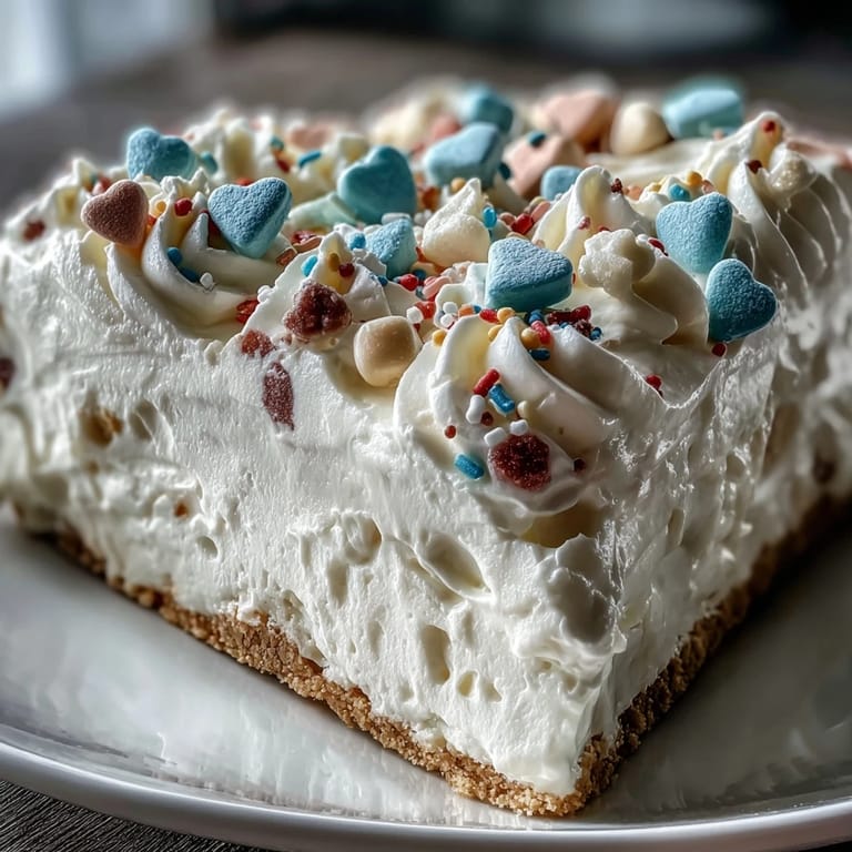 Homemade Candy Hearts Fake Cake with airy whipped topping, rainbow sprinkles, and sweet candy hearts for a festive look.