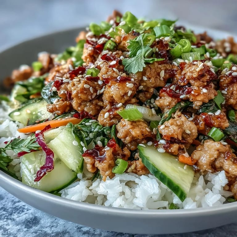 Savory ground turkey over fluffy rice with crisp veggies in Bang Bang Ground Turkey Rice Bowls.