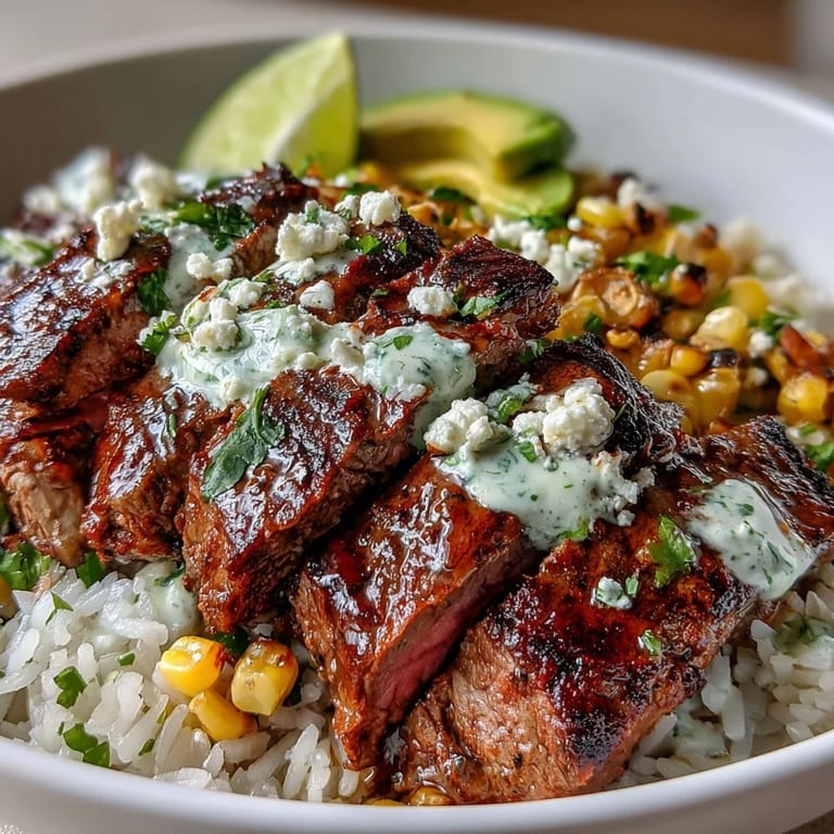 Sliced flank steak and golden charred corn mingle with avocado, cherry tomatoes, and Cotija cheese over fluffy quinoa, finished with a bright lime wedge and creamy green cilantro sauce.