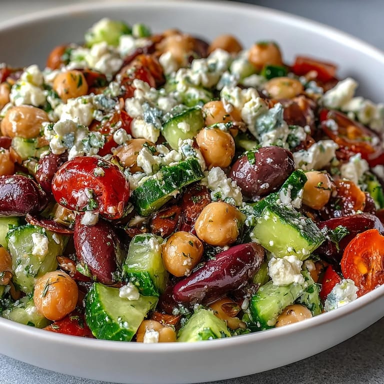 In a white ceramic bowl, the Greek Bean Salad with Lemon Marinated Beans showcases colorful tomatoes and fresh herbs.