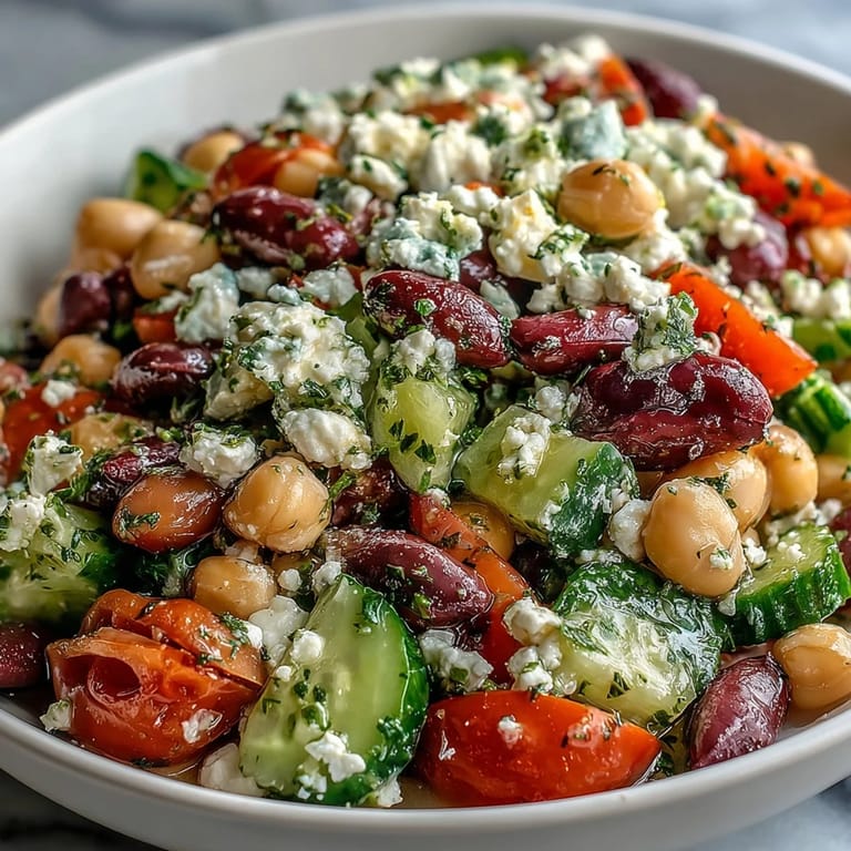 Serving suggestion for Greek Bean Salad with Lemon Marinated Beans, tossed with red onion and drizzled in zesty dressing.
