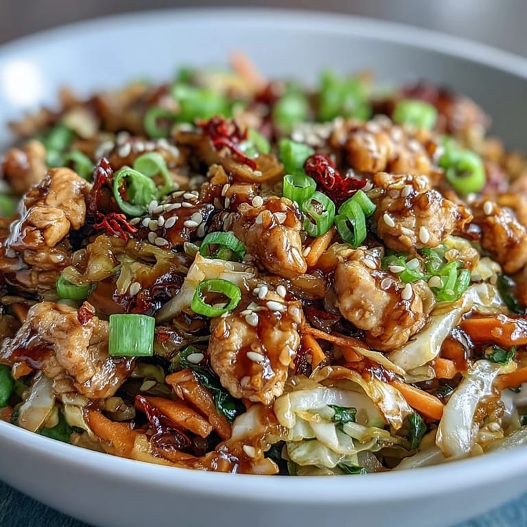 A deconstructed egg roll in a cozy skillet, topped with spicy chili crisp. Our quick Egg Roll Bowls with Chicken and Cabbage deliver savory garlic and ginger aromas.