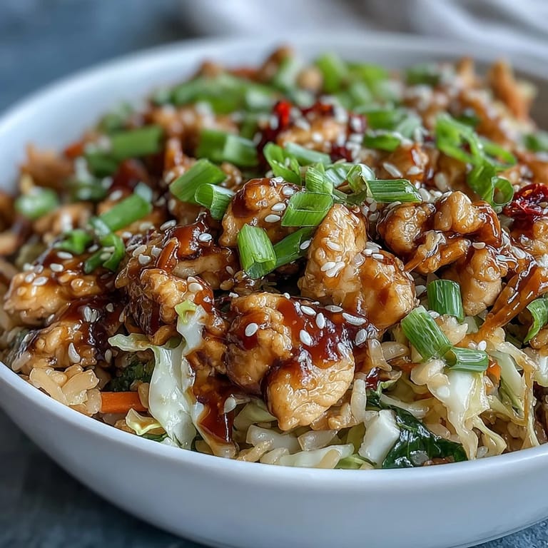 Family-style Egg Roll Bowls with Chicken and Cabbage served beside fluffy white rice. The vibrant mix of crunchy cabbage and carrots shines with a glossy, tangy glaze.