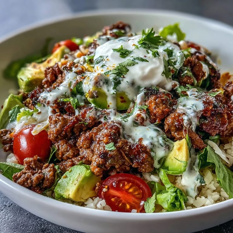 Easy Low Carb Burrito Bowl with sizzling ground beef, savory cauliflower rice, fresh veggies, and creamy avocado on a bed of lettuce.