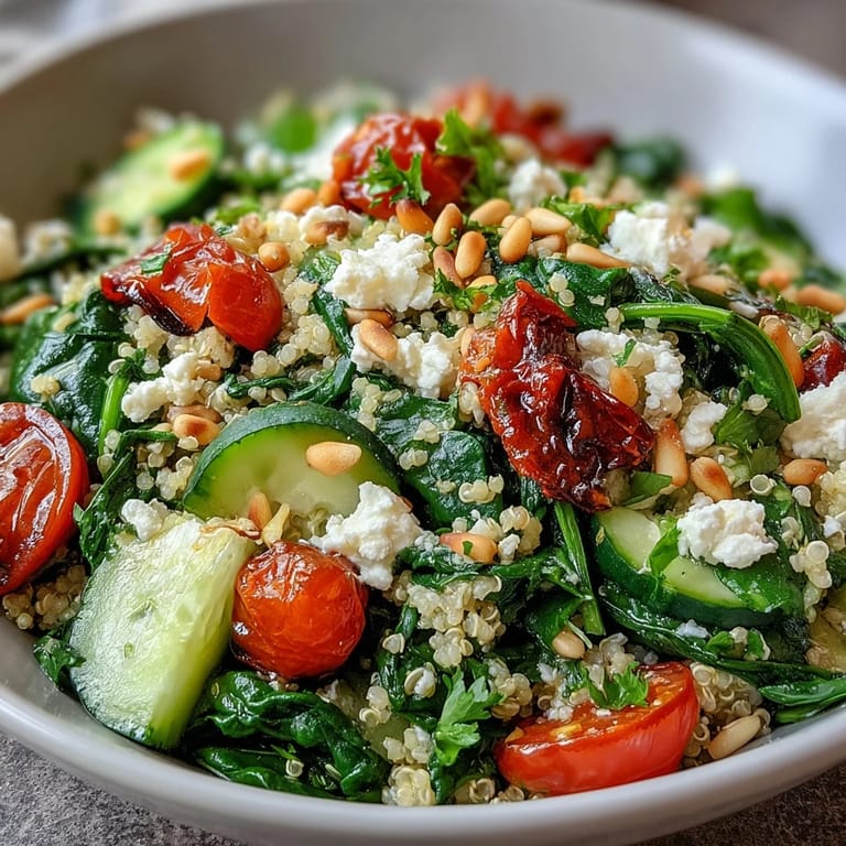 A freshly prepared Spinach and Feta Grain Bowl drizzled with lemony dressing, featuring fluffy quinoa and toasted pine nuts.