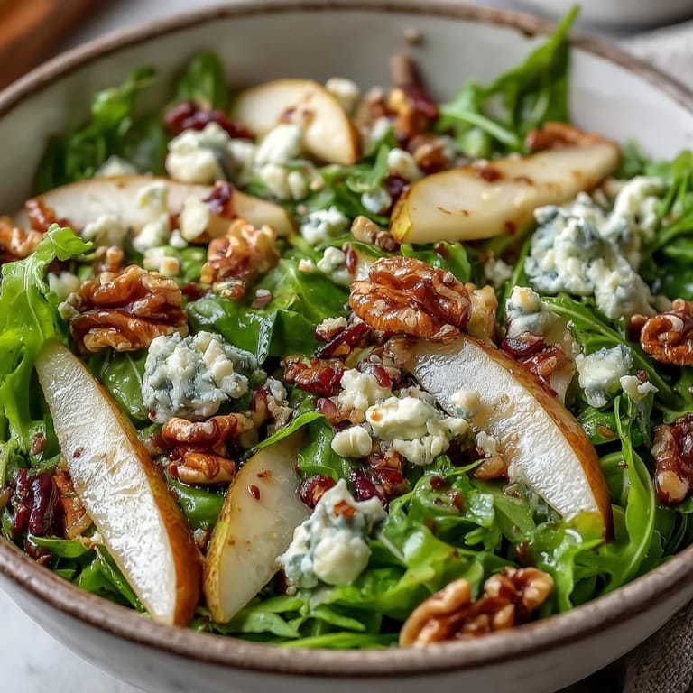 A vibrant Arugula and Pear Bowl tossed with honey Dijon dressing, served as a refreshing light lunch or starter.