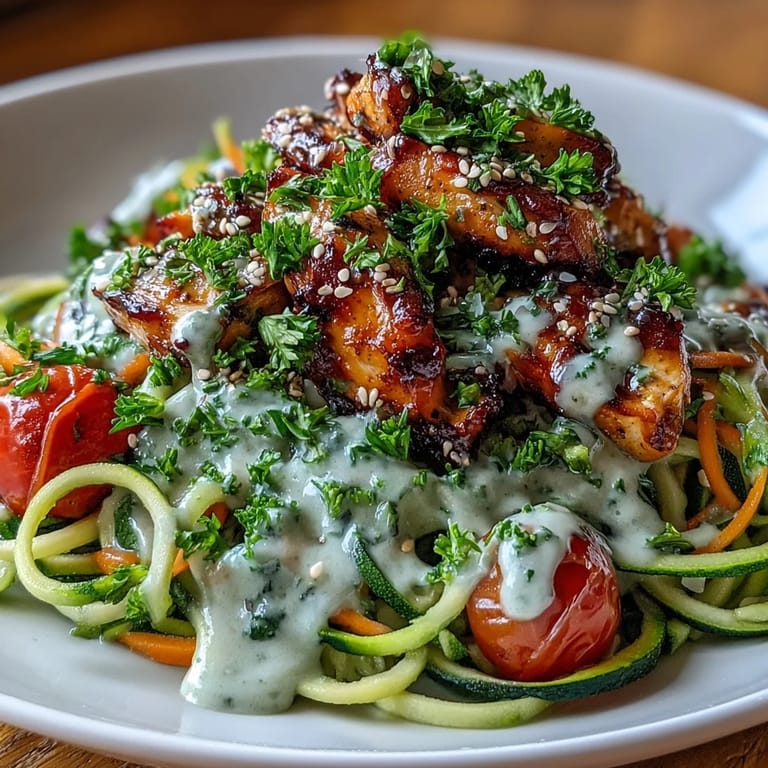 Savory Spiralized Vegetable Bowl with spiralized zucchini and sweet potato noodles, parsley garnish, and sesame seeds over grilled chicken.