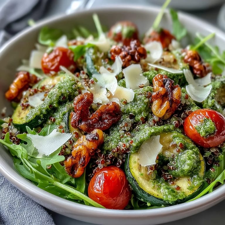 A vibrant Arugula Pesto Bowl topped with shaved Parmesan and toasted pine nuts, served on a bed of greens.