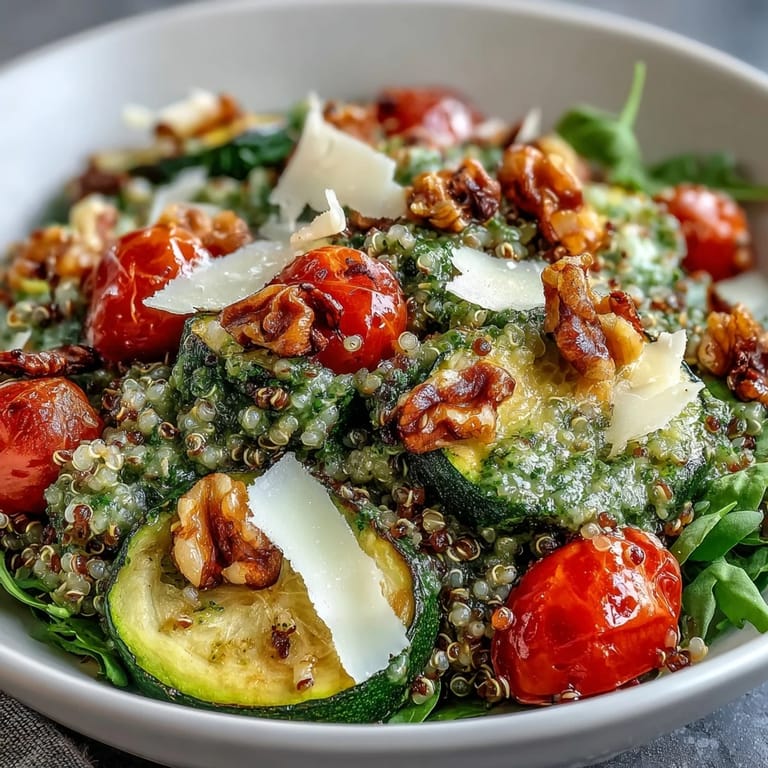 Close-up of a hearty Arugula Pesto Bowl, featuring colorful roasted zucchini, tomatoes, and red bell peppers.