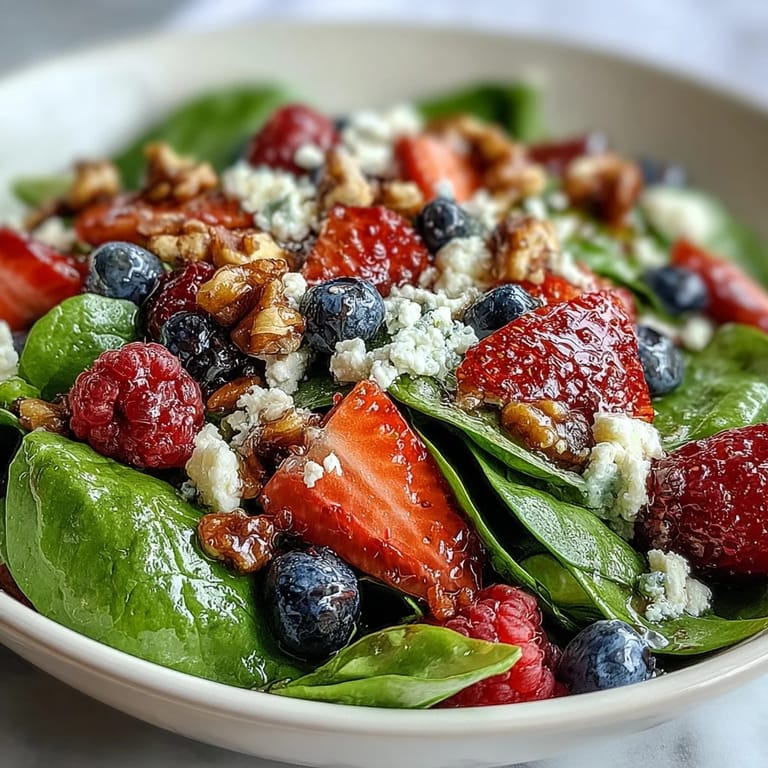 Close-up of a Spinach and Berry Salad Bowl with juicy berries, red onion, and glistening balsamic vinaigrette.