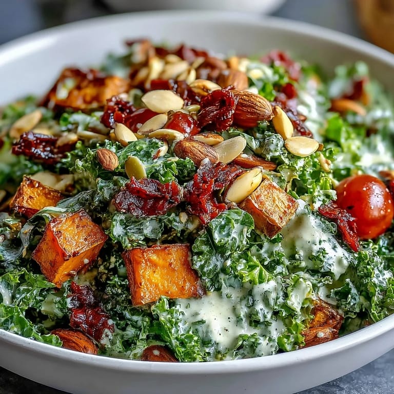 Hearty Kale Salad Bowl with massaged kale, roasted zucchini, crunchy nuts, and pumpkin seeds in a vibrant serving dish.