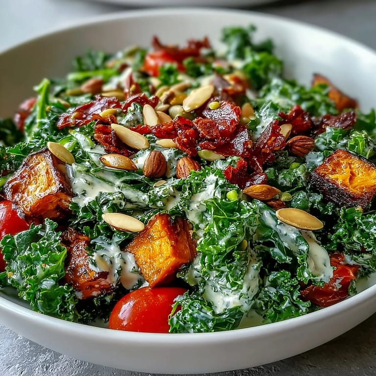 Close-up of Kale Salad Bowl showing glossy tahini dressing drizzled over colorful vegetables and toasted almonds on a plate.