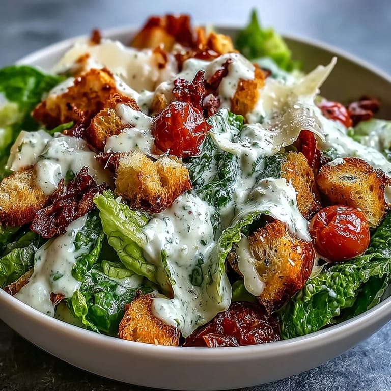 Romaine Caesar Bowl with shaved Parmesan and crunchy homemade croutons, ready to serve with lemon wedges.