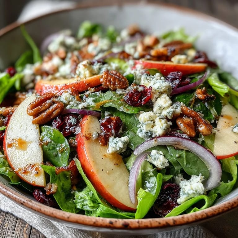 Vibrant Mixed Greens and Apple Bowl served in a rustic white bowl with red onions and cranberries.